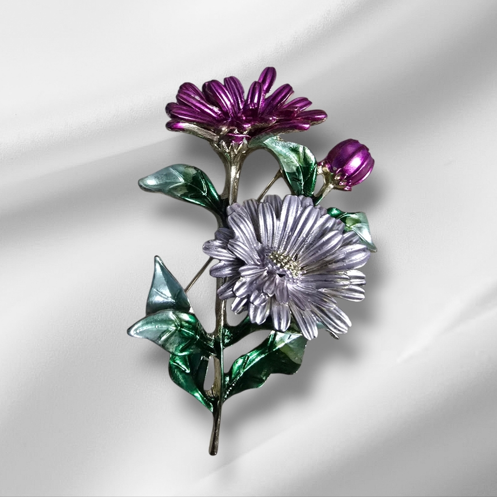 Floral Gold-toned Brooch with Purple and Pink Daisies